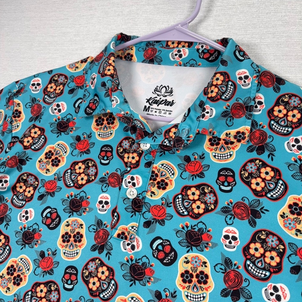 Kaipar Hawaiian Golf Polo Shirt Mens Size M Skulls Dia de los Muertos